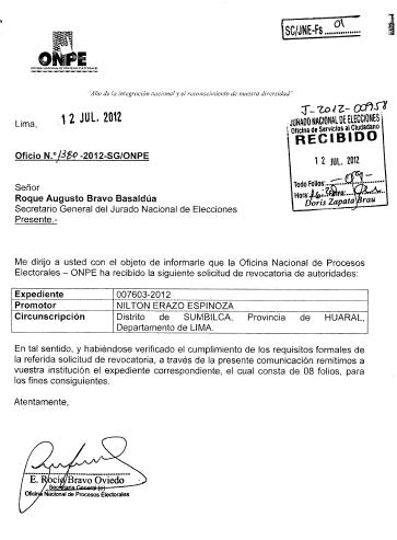 ONPE solicita incluir en proceso de revocatoria a alcaldesa de Sumbilca